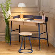 Bureau Victor, chêne naturel, métal bleu mat
