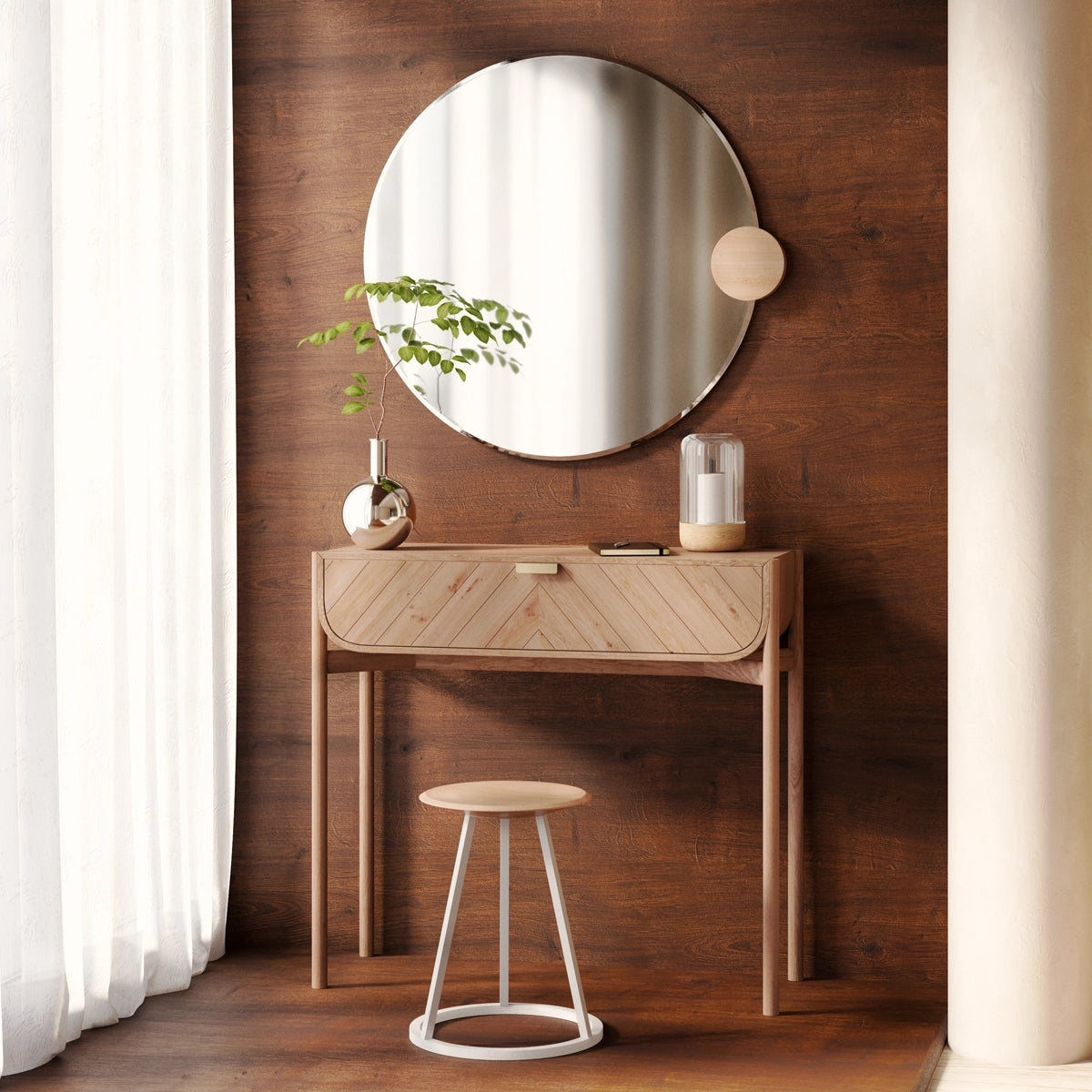 Sonia Round Mirror 90cm, natural glass, oak