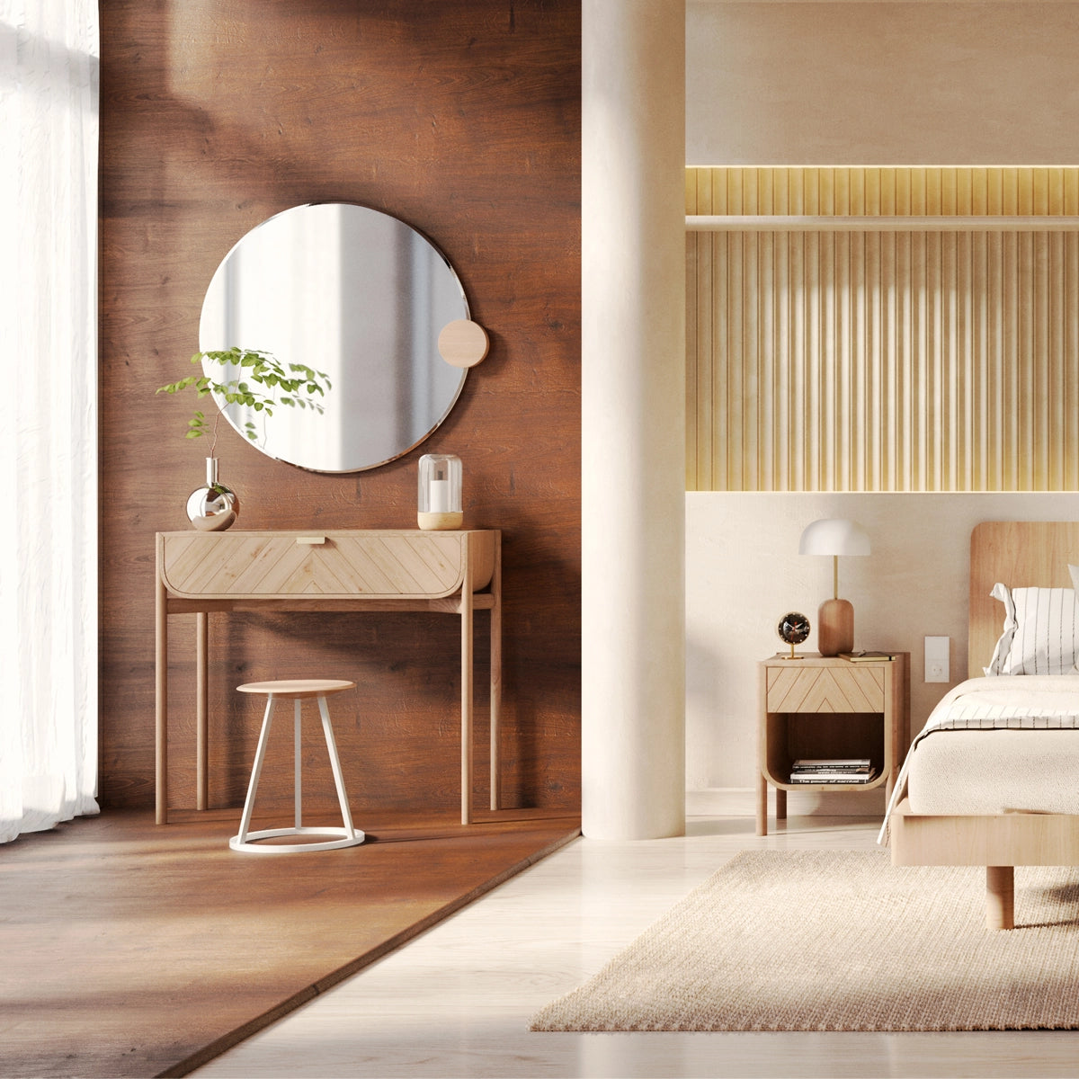 Sonia Round Mirror 90cm, natural glass, oak