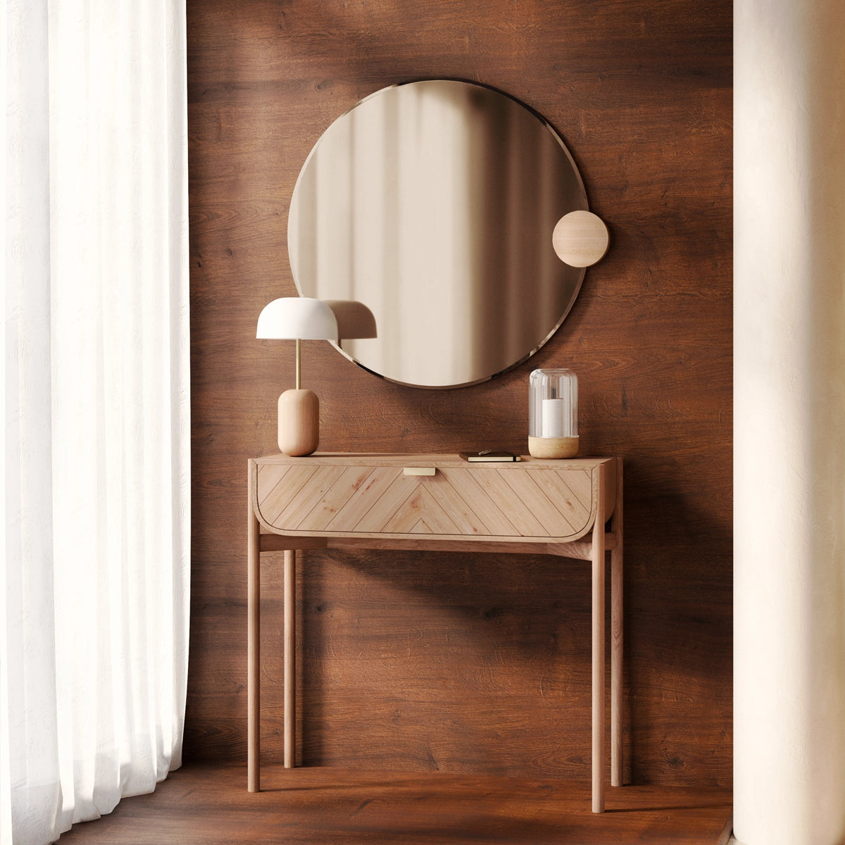 Sonia Round Mirror 90cm, smoked glass, oak