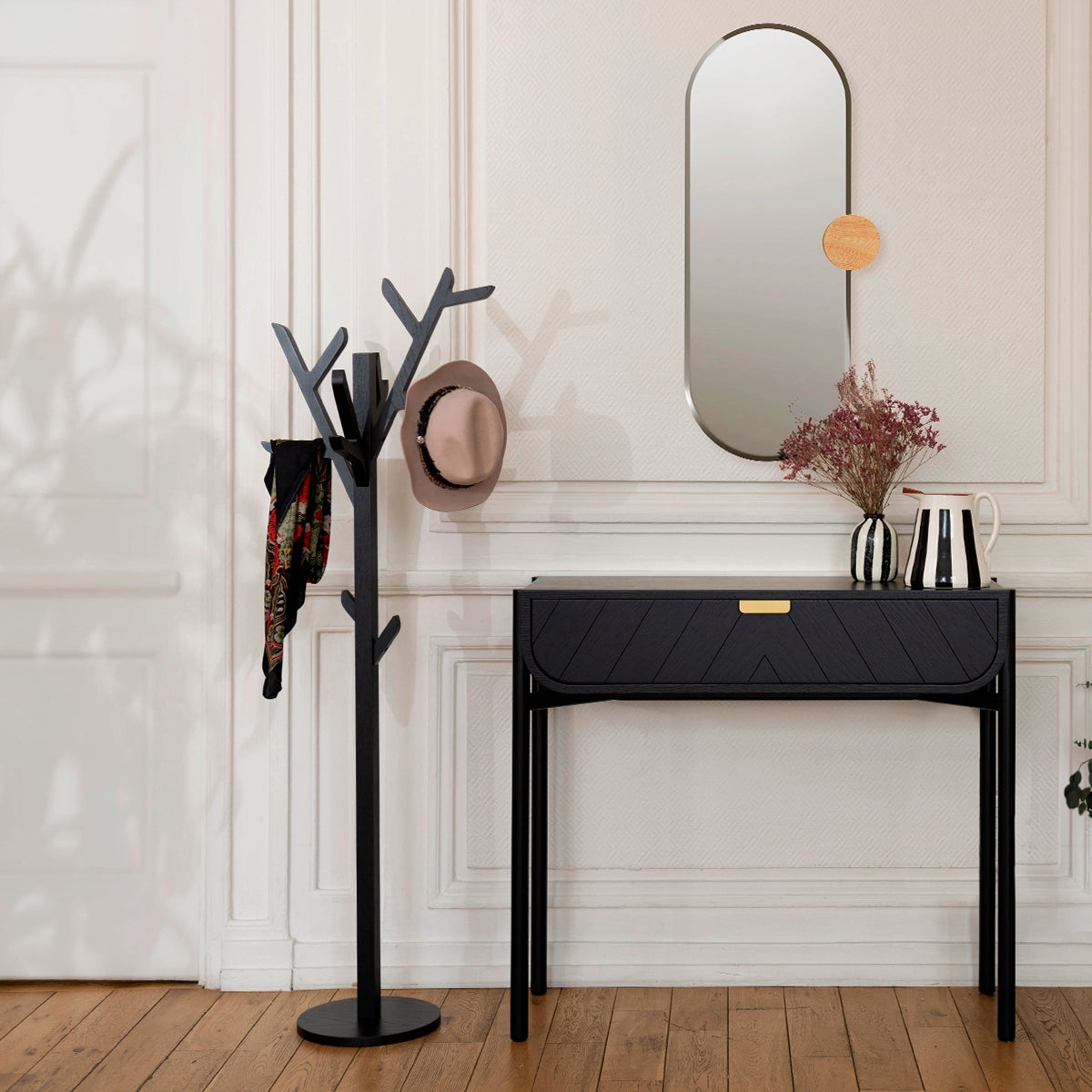Portemanteau sur pied 158cm Ambroise, chêne teinté noir