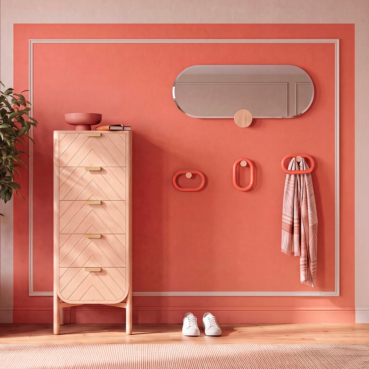 Patère Fernand Verticale, frêne naturel, corail épicé