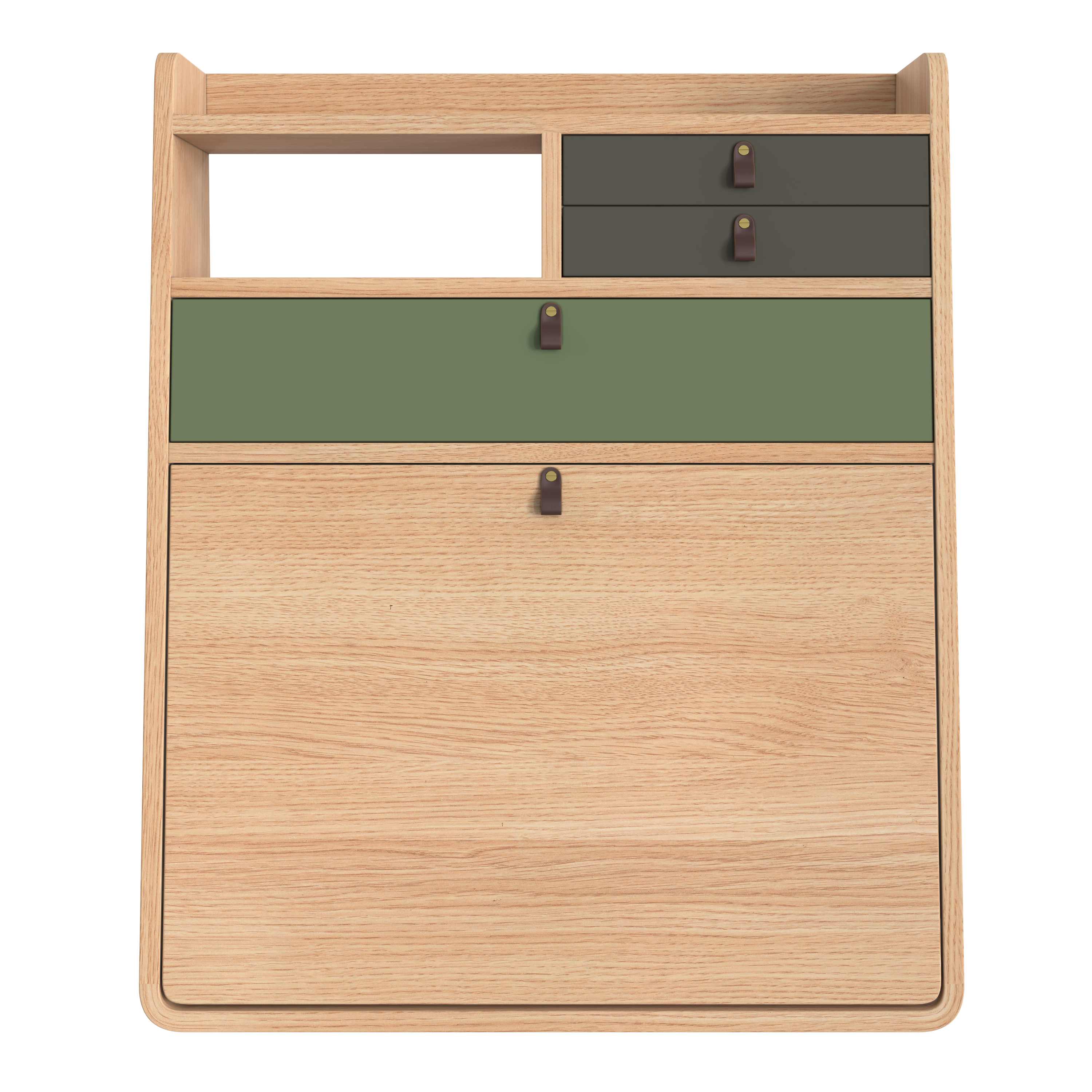 Secrétaire mural Gaston 60 cm, chêne naturel, Tiroirs sauge/vert cendré