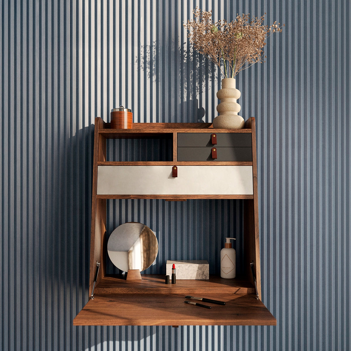 Gaston 60 cm wall-mounted secretary, walnut, light grey/slate grey drawers