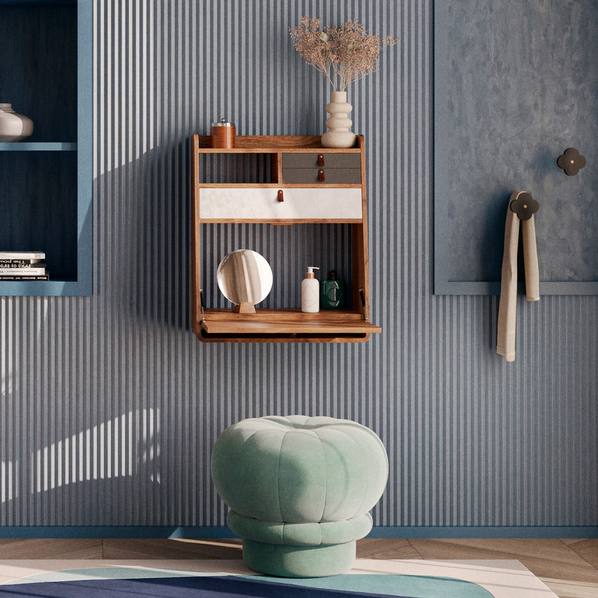 Gaston 60 cm wall-mounted secretary, walnut, light grey/slate grey drawers