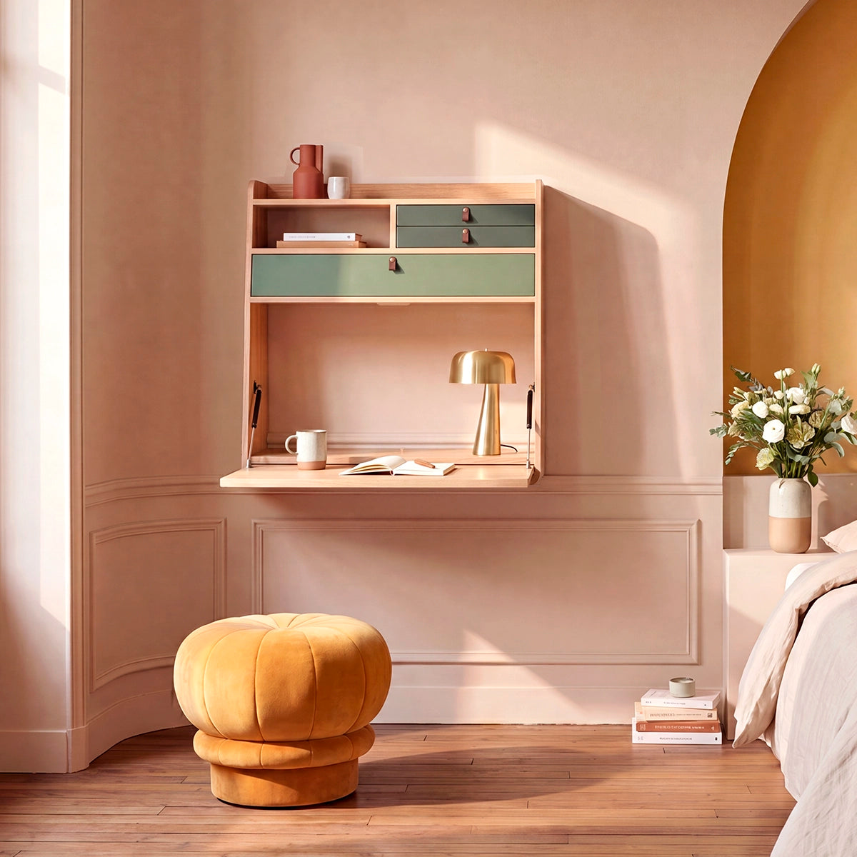 Secrétaire mural Gaston 80 cm, chêne naturel, Tiroirs sauge/vert cendré
