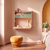 Secrétaire mural Gaston 80 cm, chêne naturel, Tiroirs sauge/vert cendré