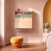 Secrétaire mural Gaston 80 cm, chêne naturel, Tiroirs sauge/vert cendré