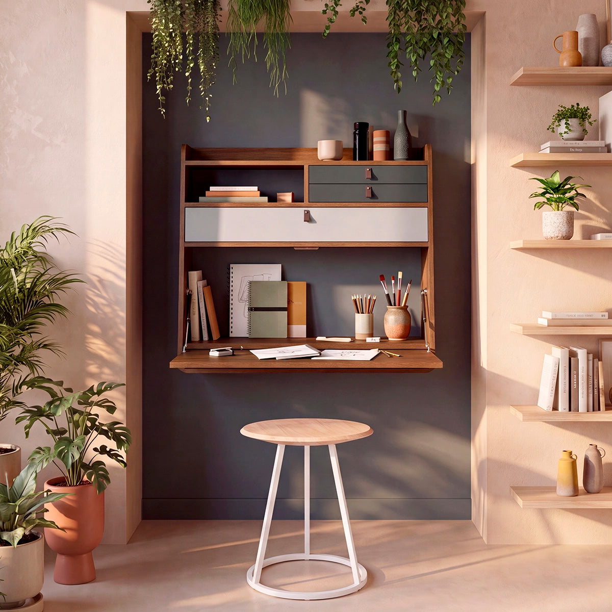 Gaston 80 cm wall-mounted secretary, walnut, light grey/slate grey drawers