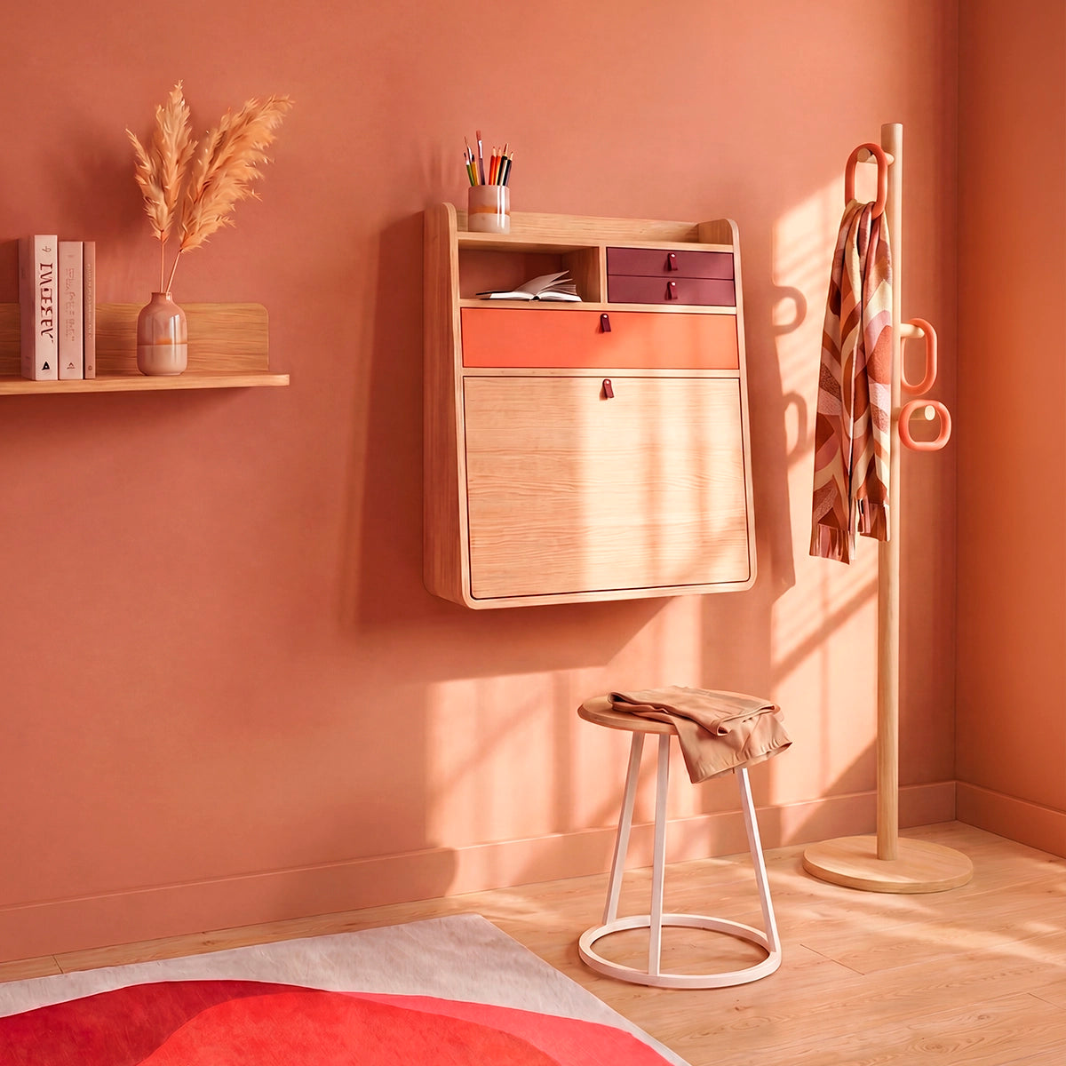 Secrétaire mural Gaston 60 cm, chêne naturel, Tiroirs corail épicé/bourgogne