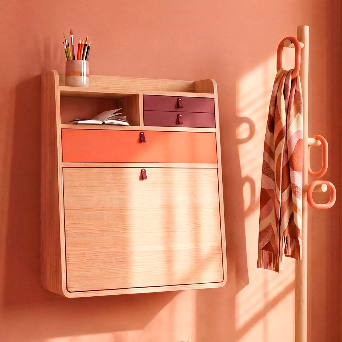 Secrétaire mural Gaston 60 cm, chêne naturel, Tiroirs corail épicé/bourgogne