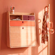 Secrétaire mural Gaston 60 cm, chêne naturel, Tiroirs corail épicé/bourgogne