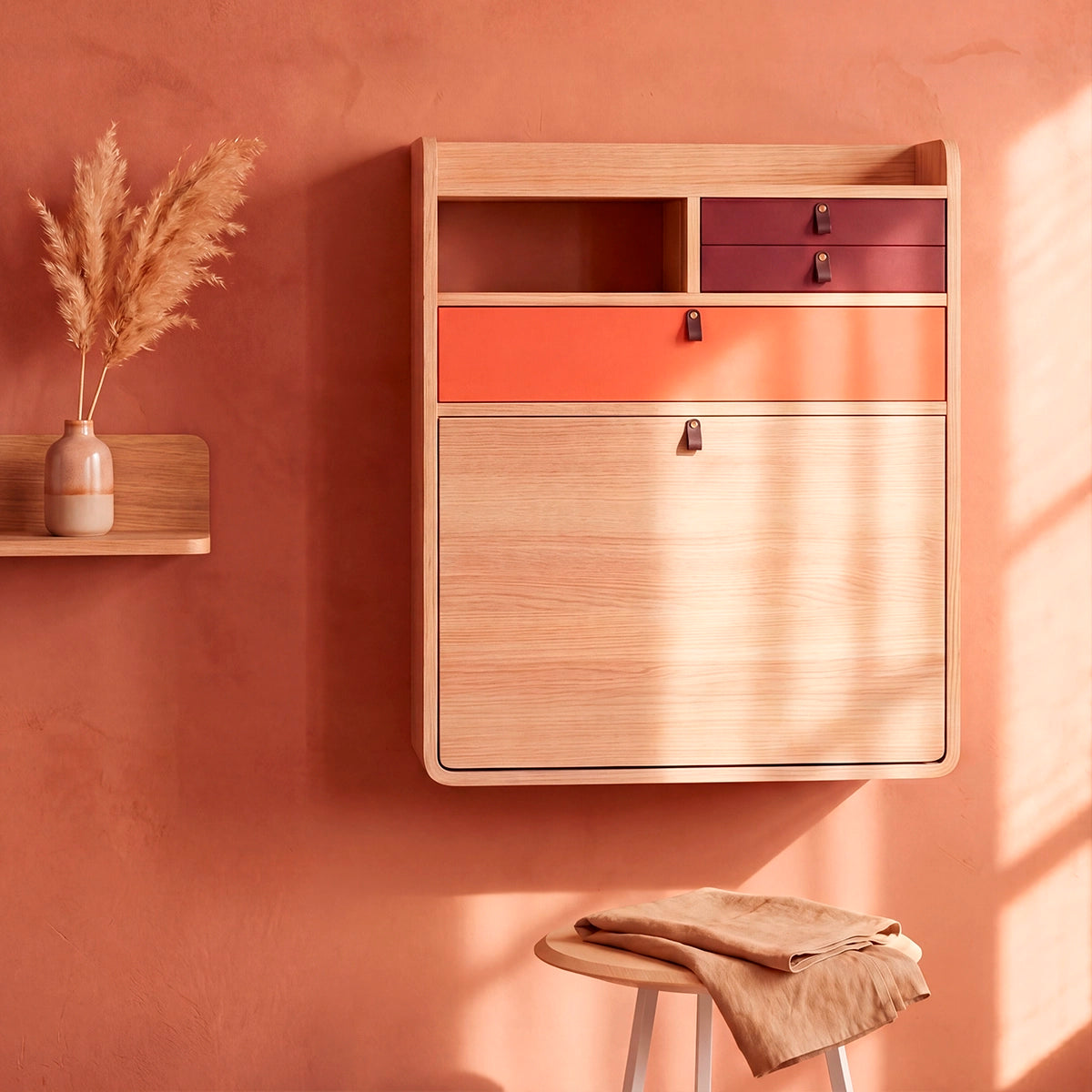 Secrétaire mural Gaston 60 cm, chêne naturel, Tiroirs corail épicé/bourgogne