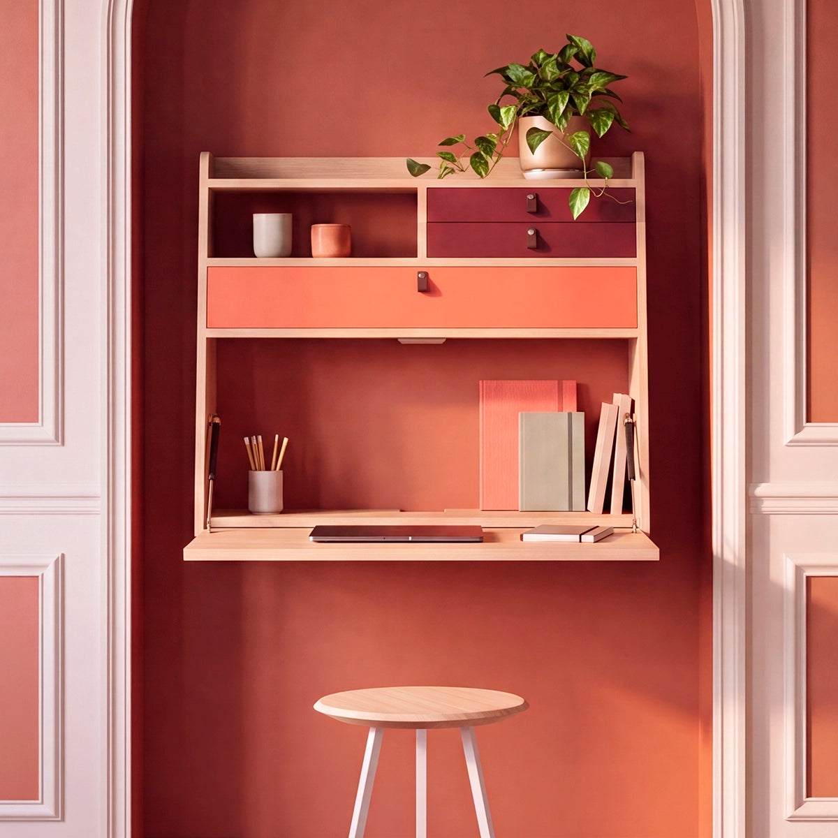 Secrétaire mural Gaston 80 cm, chêne naturel, Tiroirs corail épicé/bourgogne