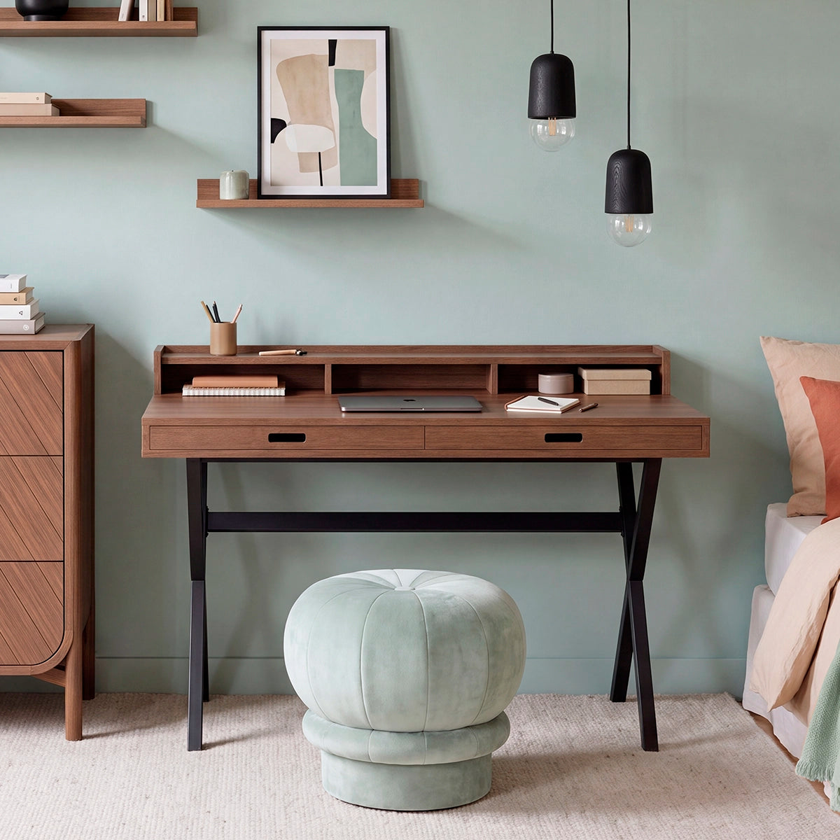 Hyppolite walnut secretary, matt slate grey metal