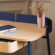 Bureau Victor, chêne naturel, métal bleu mat